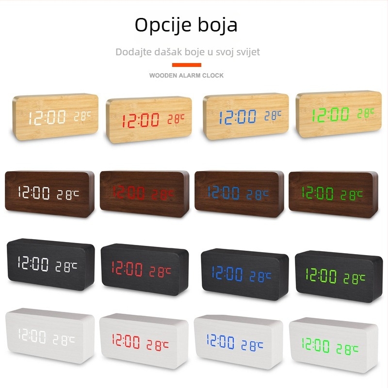 Drveni LED budilnik s digitalnim zaslonom, stolni višenamjenski sat s glasovnim upravljanjem, USB, za učenike