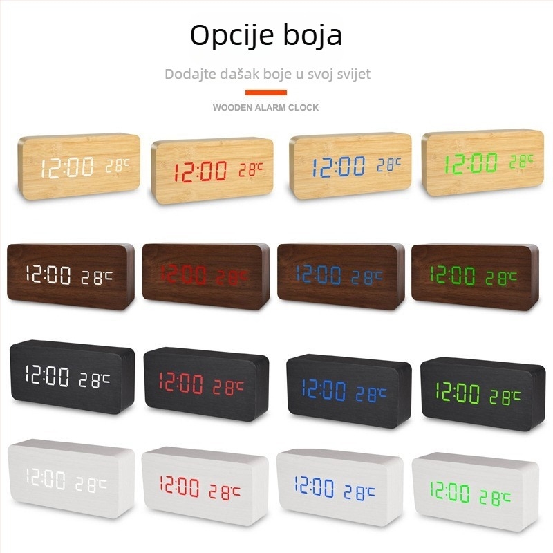 Drveni LED budilnik s digitalnim zaslonom, stolni višenamjenski sat s glasovnim upravljanjem, USB, za učenike
