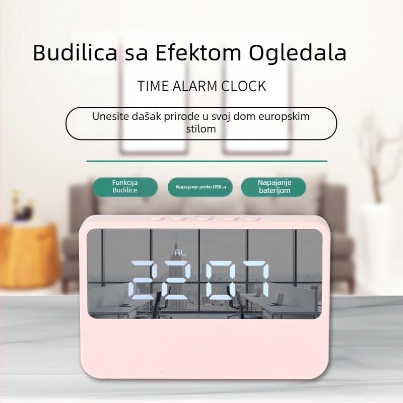 LED budilnik s ogledalom – svjež, minimalistički, višenamjenski stolni sat za spavaću sobu i ured