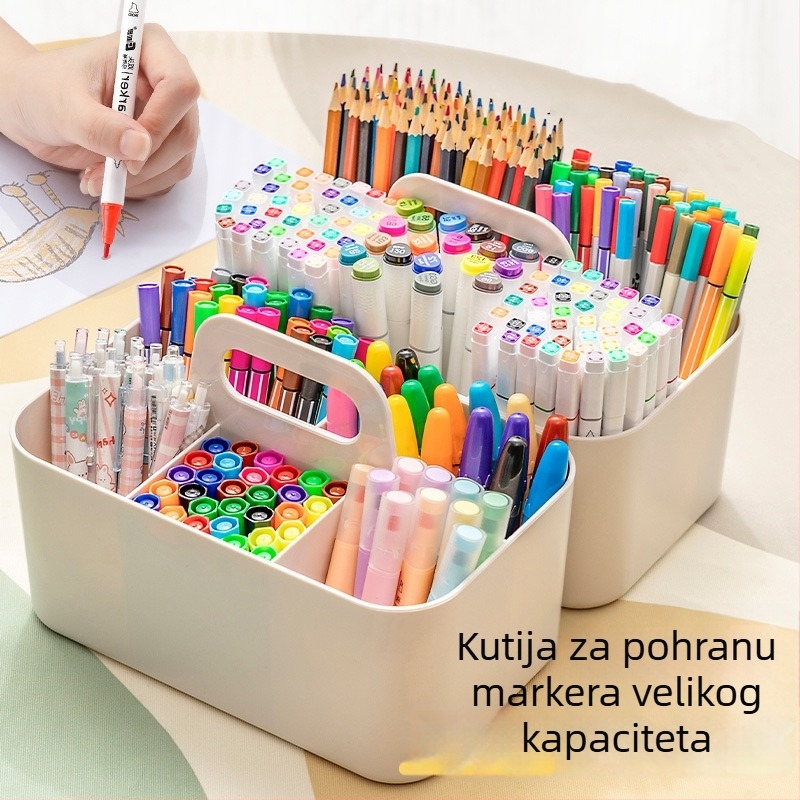 Prijenosna kutija za markere s ručkom, velik kapacitet, za dječji stol, prostor za kistove za akvarel i olovke, višenamjenski organizator školskog pribora