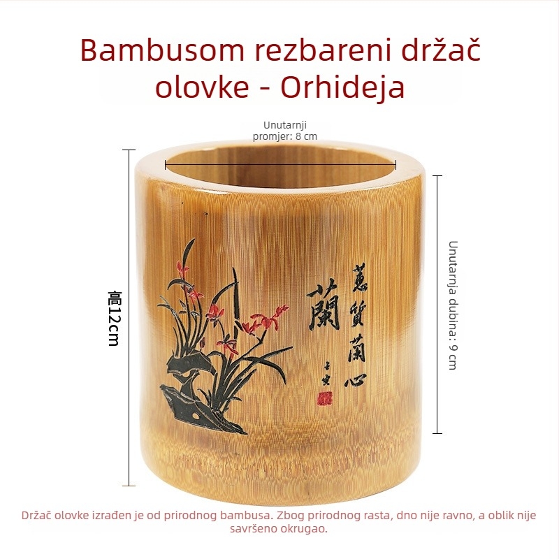 Bambusni kružni držač za olovke s ugraviranim motivima cvjetova šljive, orhideje i krizanteme, višenamjenski stolni organizator
