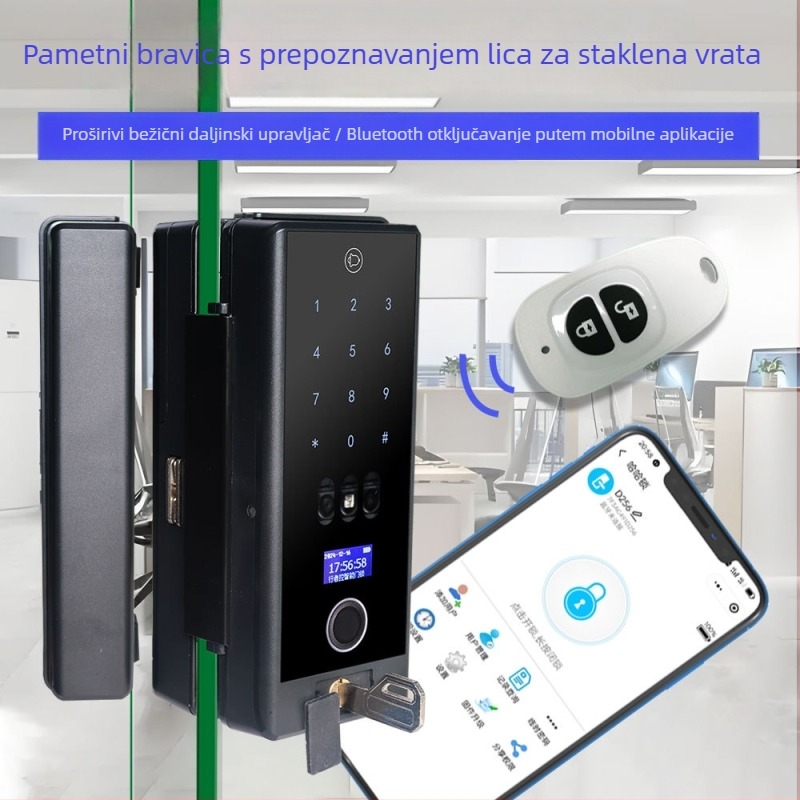 Bezokvirne staklene vrata: pametna brava s prepoznavanjem lica i ključem – elektronička brava za jednokrilna ili dvokrilna vrata