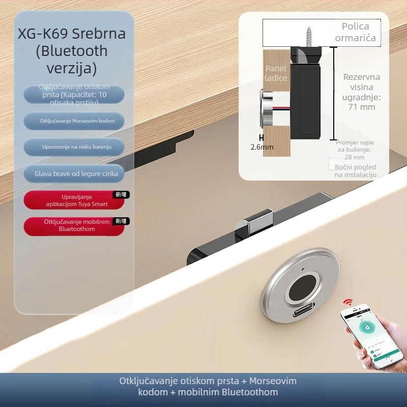 Ugrađena brava za ormar s otiskom prsta, skrivena instalacija, Bluetooth pametna brava za ladice i ormare