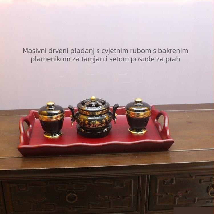Ručno izrađeni budistički tamjanik od satena, s izvezenim motivima hrama, uključuje posudu za prah i pladanj za darove
