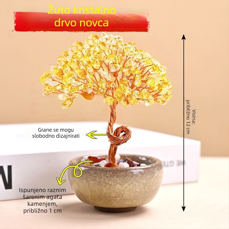 Prirodno drvo sreće od citrina s podlogom od ružičastih i ljubičastih kamenčića i zdjela bogatstva, mini ukras za dom i ured