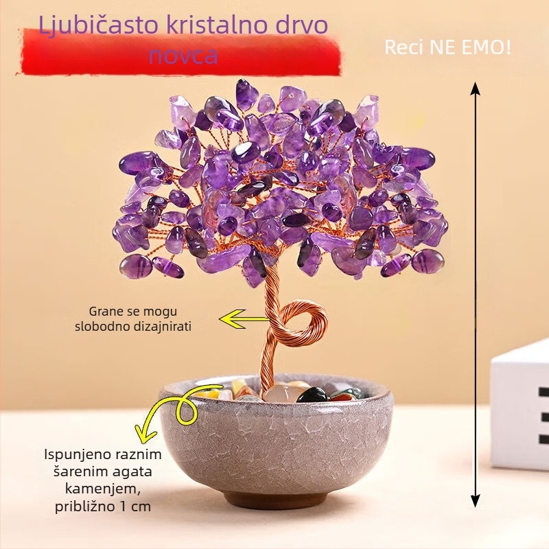 Prirodno drvo sreće od citrina s podlogom od ružičastih i ljubičastih kamenčića i zdjela bogatstva, mini ukras za dom i ured
