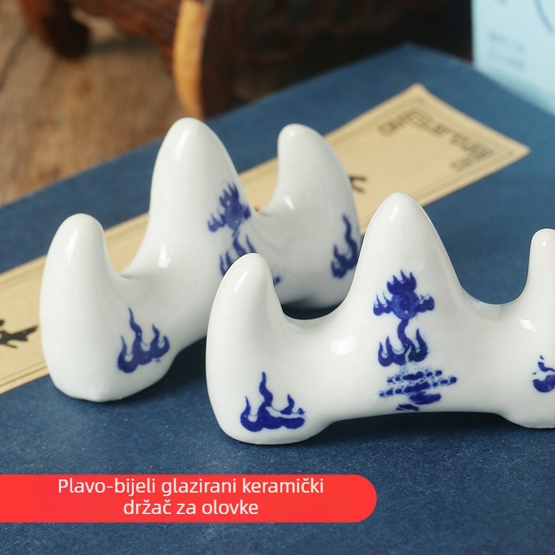 Plavo-bijeli porcelanski držač za olovke s motivom cvjetne glazure i planinskog vrha, keramički držač za stol