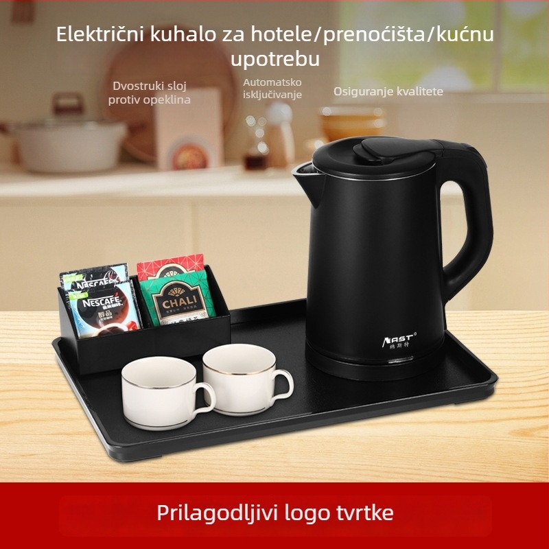 Set električnih čajnika za hotele i smještaj s logom – 0.8L, 304 nehrđajući čelik, 1000W, automatsko isključivanje, prilagodba logotipa