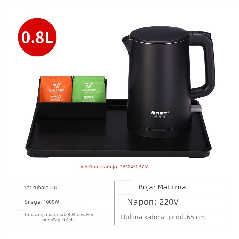 Set električnih čajnika za hotele i smještaj s logom – 0.8L, 304 nehrđajući čelik, 1000W, automatsko isključivanje, prilagodba logotipa