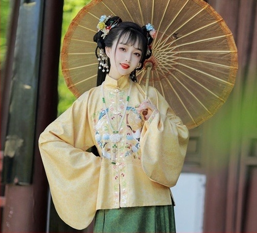 Ming dinastija Hanfu za žene, proljeće–jesen, komplet s horse-face suknjom, stojeći ovratnik, prednje kopčanje, svakodnevno nošenje, jesenski kineski stil