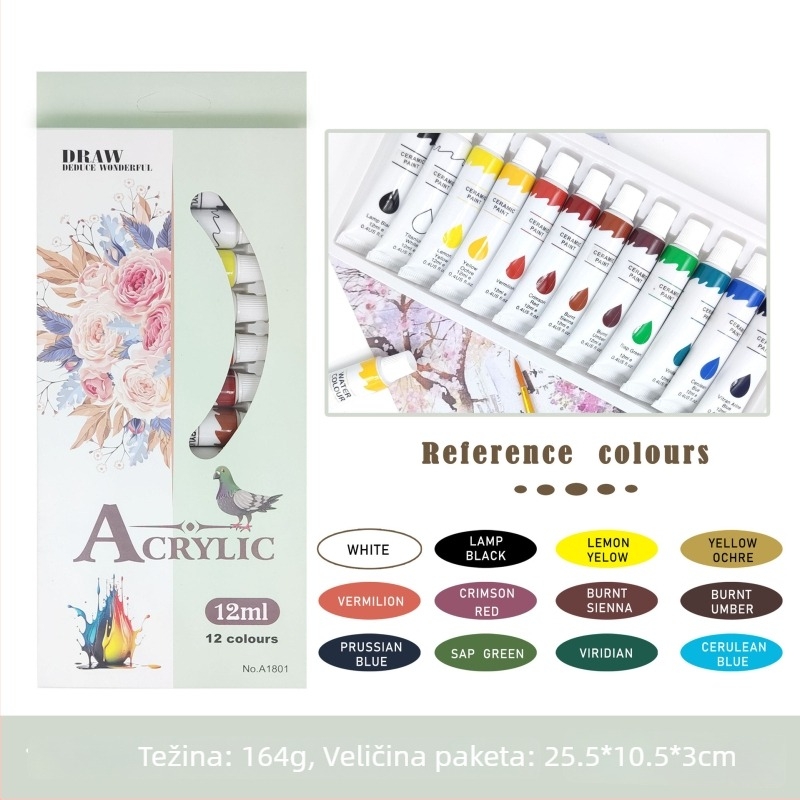 Set akrilnih boja s gouacheom i akvarelom za tekstil, staklo i keramiku – 12 boja, 12 ml cijevi.