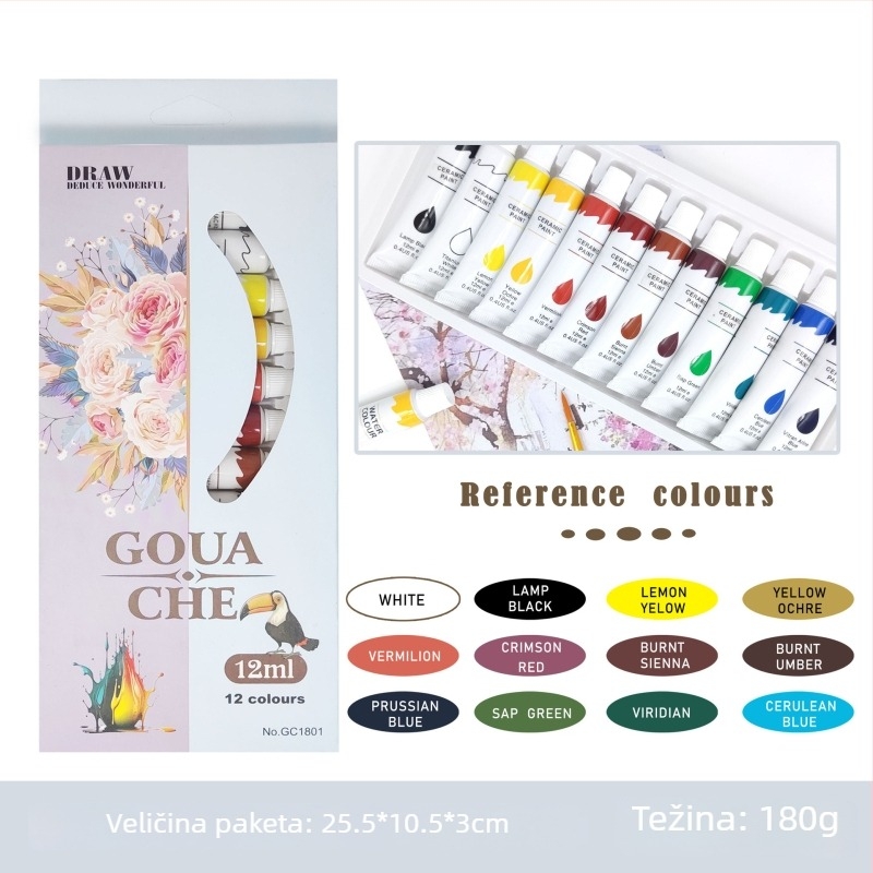 Set akrilnih boja s gouacheom i akvarelom za tekstil, staklo i keramiku – 12 boja, 12 ml cijevi.