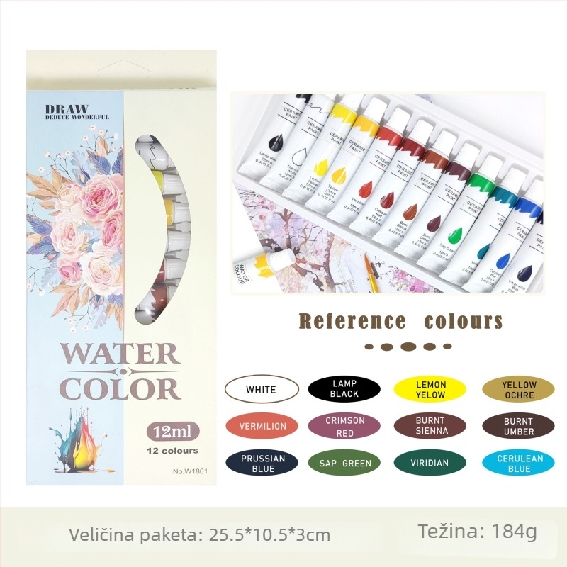 Set akrilnih boja s gouacheom i akvarelom za tekstil, staklo i keramiku – 12 boja, 12 ml cijevi.