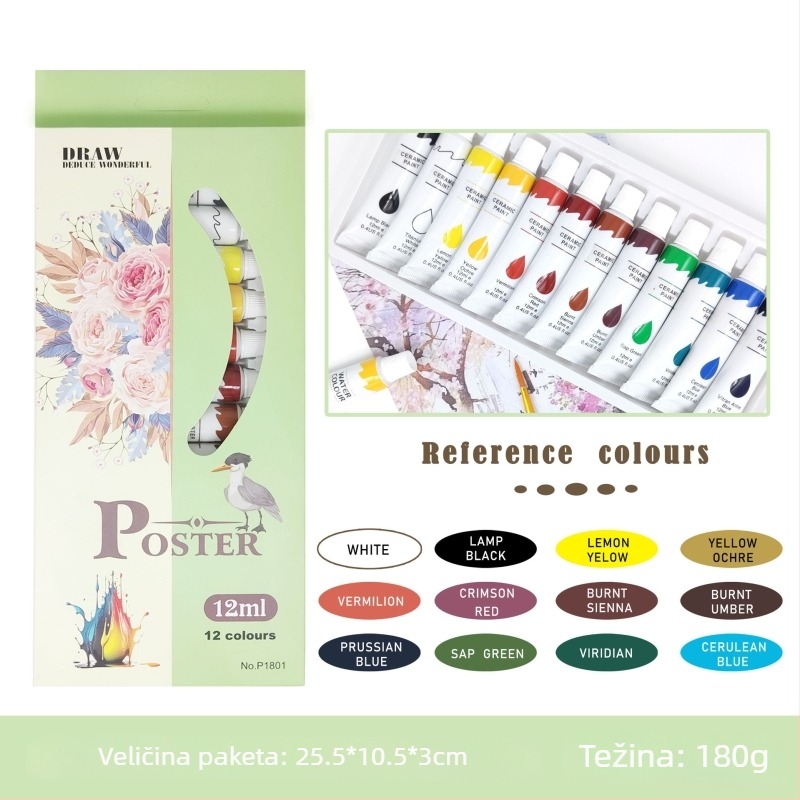 Set akrilnih boja s gouacheom i akvarelom za tekstil, staklo i keramiku – 12 boja, 12 ml cijevi.