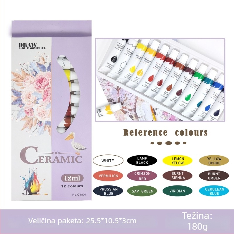 Set akrilnih boja s gouacheom i akvarelom za tekstil, staklo i keramiku – 12 boja, 12 ml cijevi.