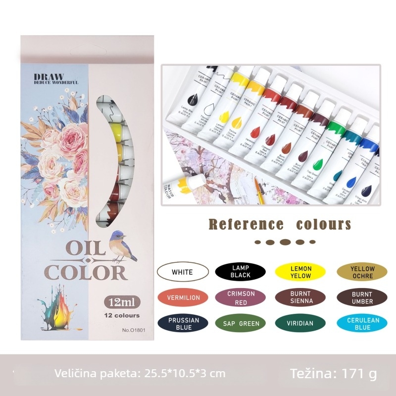 Set akrilnih boja s gouacheom i akvarelom za tekstil, staklo i keramiku – 12 boja, 12 ml cijevi.