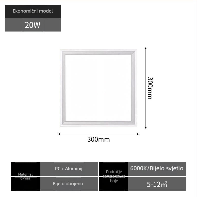 Integrirano LED ravno-panelno svjetlo za plafon, 600×600 mm, aluminijsko kućište, ne-dimljivo, vijek trajanja 30.000 sati