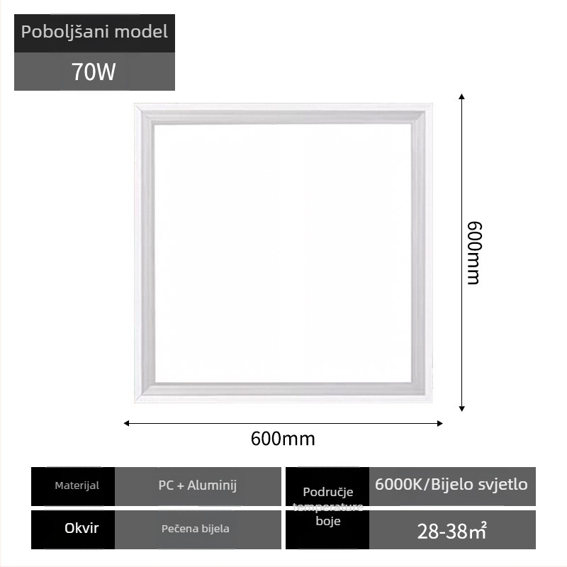 Integrirano LED ravno-panelno svjetlo za plafon, 600×600 mm, aluminijsko kućište, ne-dimljivo, vijek trajanja 30.000 sati