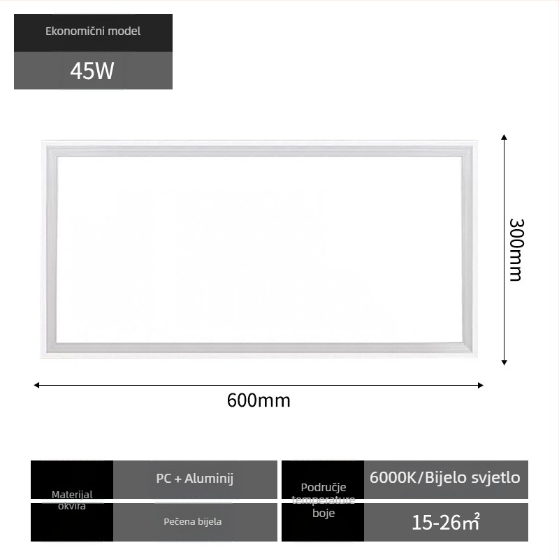 Integrirano LED ravno-panelno svjetlo za plafon, 600×600 mm, aluminijsko kućište, ne-dimljivo, vijek trajanja 30.000 sati