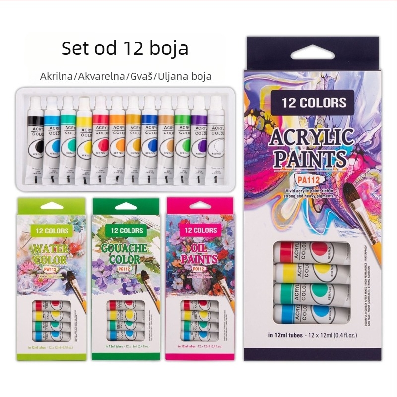 Set od 12 boja akrilne i gouache boje za djecu za DIY crtanje