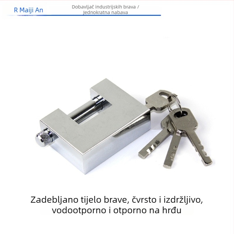 Pravokutni horizontalni katanac za skladište s zaštitom protiv rezanja, provale i piljenja; izgled nehrđajućeg čelika.