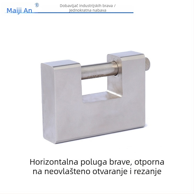 Pravokutni horizontalni katanac za skladište s zaštitom protiv rezanja, provale i piljenja; izgled nehrđajućeg čelika.