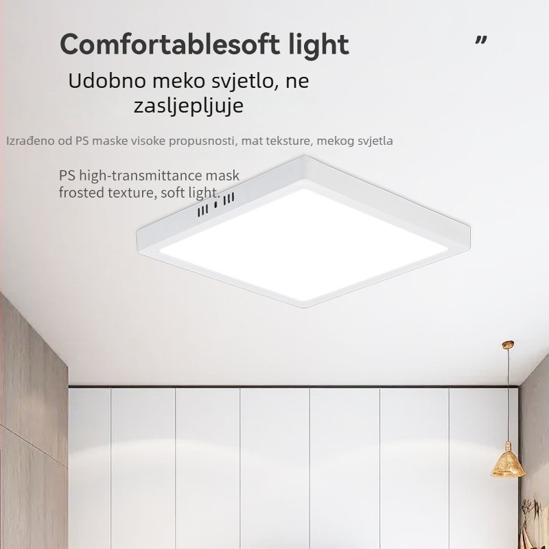 Ultra-tanki LED panel rasvjet s tri boje svjetla, površinsko montiran, s integriranim stropnim dizajnom za hodnike i urede.