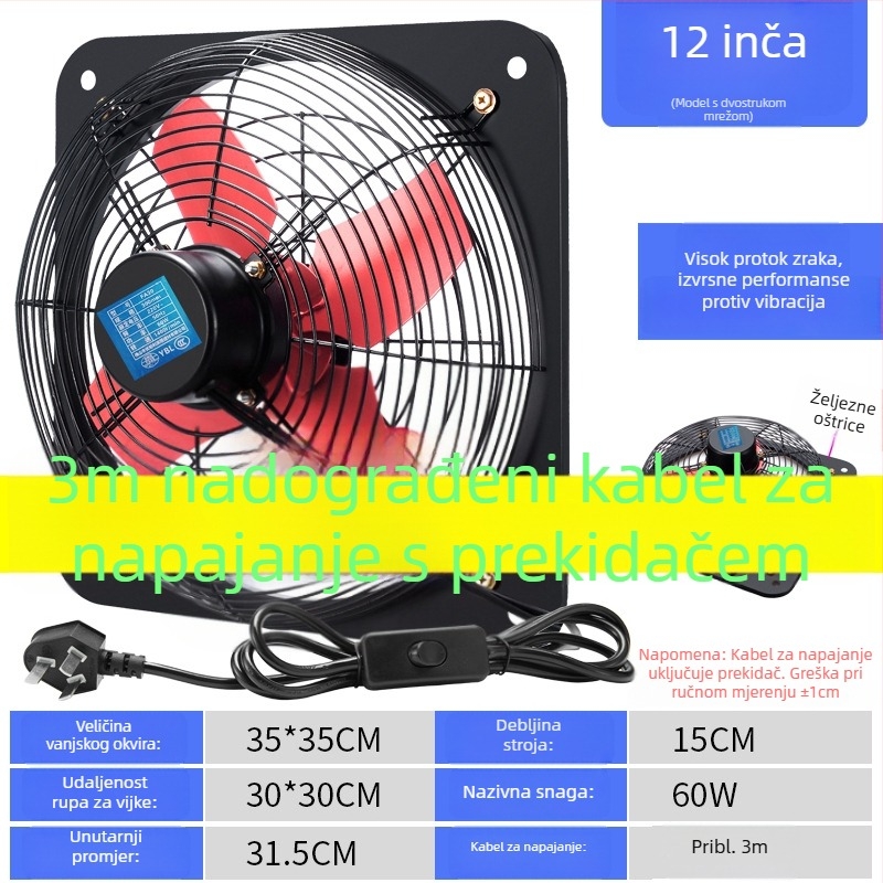 Kuhinjski ventilator za ispuš zraka, prozorsko ugradbeni, 12 inča, snažan i tih zidni ventilator