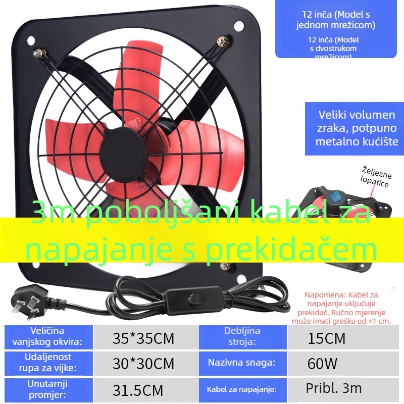 Kuhinjski ventilator za ispuš zraka, prozorsko ugradbeni, 12 inča, snažan i tih zidni ventilator