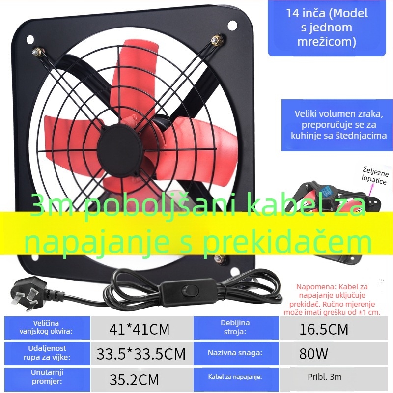 Kuhinjski ventilator za ispuš zraka, prozorsko ugradbeni, 12 inča, snažan i tih zidni ventilator