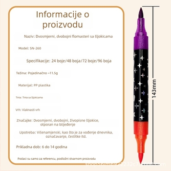 Snier marker sa šljokicama, perlatnim učinkom, dvostrani, dvodijelni, vodeni bojice i marker za isticanje