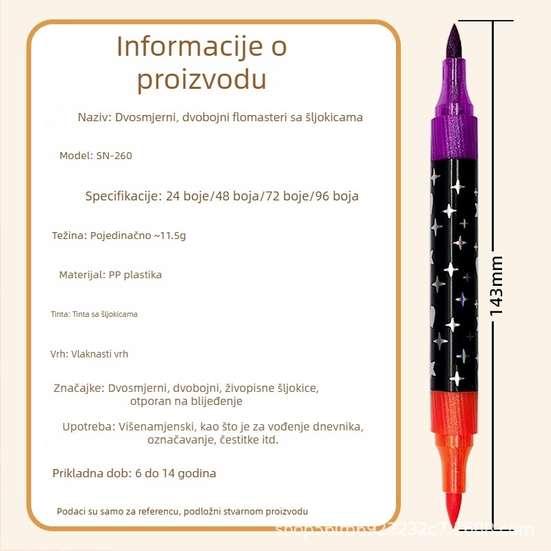 Snier marker sa šljokicama, perlatnim učinkom, dvostrani, dvodijelni, vodeni bojice i marker za isticanje