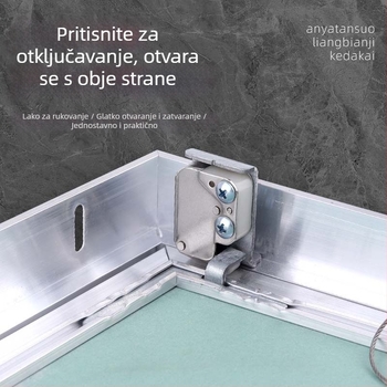 Inspekcijski otvor od aluminijskog legura za gips ploču, s mehanizmom pritiska i izvlačenja, otpornost na vlagu, pristup cijevima za strop i zid