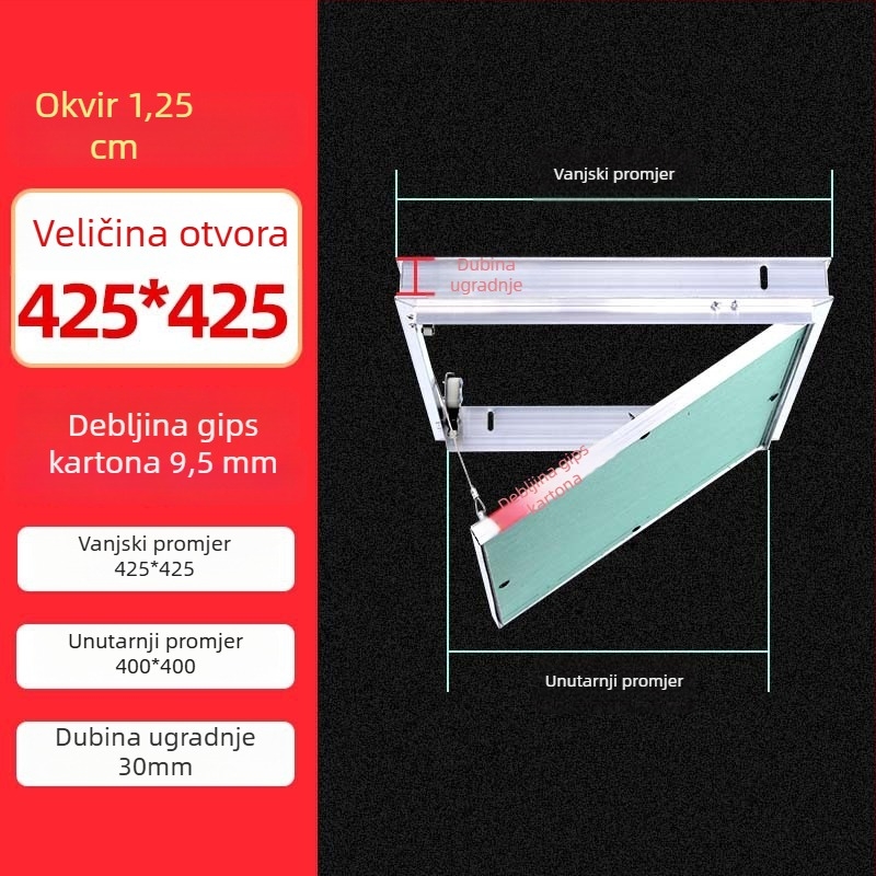 Inspekcijski otvor od aluminijskog legura za gips ploču, s mehanizmom pritiska i izvlačenja, otpornost na vlagu, pristup cijevima za strop i zid