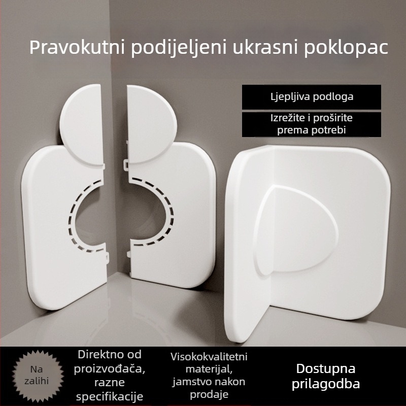 Dekorativni poklopac kut zida od 90° s mogućnošću uklanjanja unutarnjeg pločastog dijela radi otkrivanja cijevi; samoljepivi dvodijelni poklopac