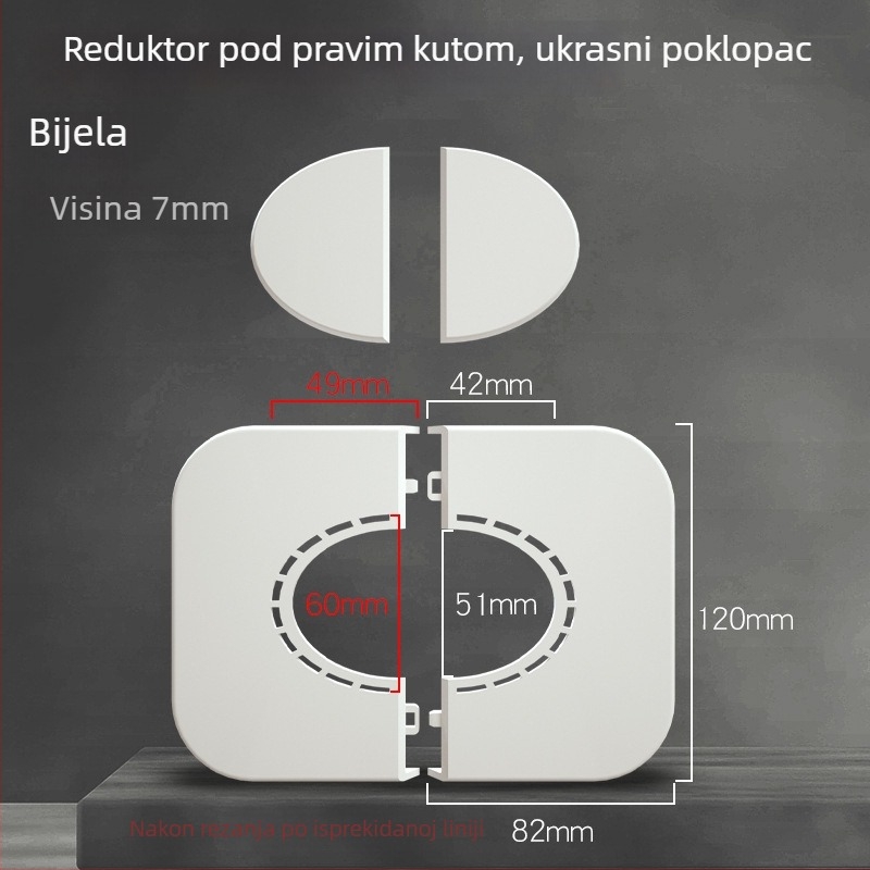 Dekorativni poklopac kut zida od 90° s mogućnošću uklanjanja unutarnjeg pločastog dijela radi otkrivanja cijevi; samoljepivi dvodijelni poklopac