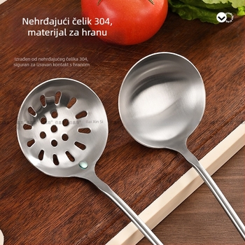 Set kuhinjskih alata od nehrđajućeg čelika 304 s drvenim držačima – žlica za juhu, mrežasta žlica, spatula za prženje, spatula za kuhanje