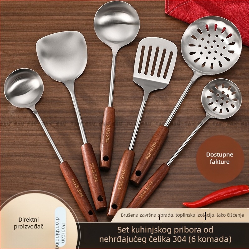 Set kuhinjskih alata od nehrđajućeg čelika 304 s drvenim držačima – žlica za juhu, mrežasta žlica, spatula za prženje, spatula za kuhanje