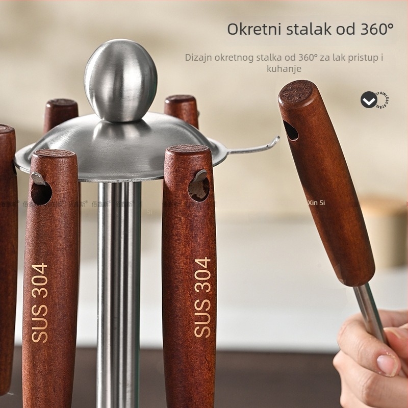 Set kuhinjskih alata od nehrđajućeg čelika 304 s drvenim držačima – žlica za juhu, mrežasta žlica, spatula za prženje, spatula za kuhanje