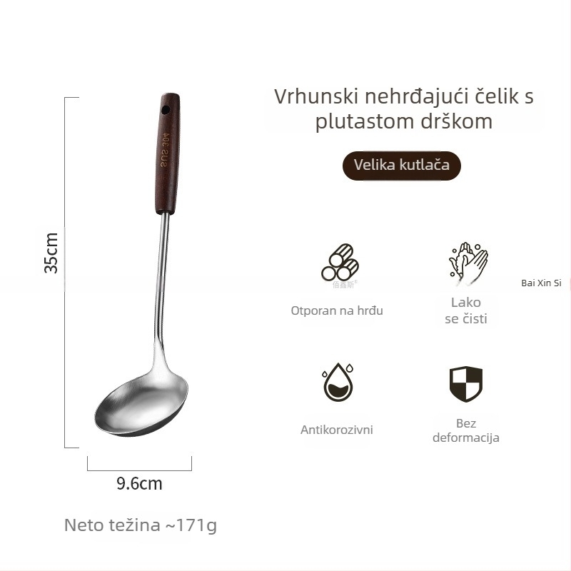 Set kuhinjskih alata od nehrđajućeg čelika 304 s drvenim držačima – žlica za juhu, mrežasta žlica, spatula za prženje, spatula za kuhanje