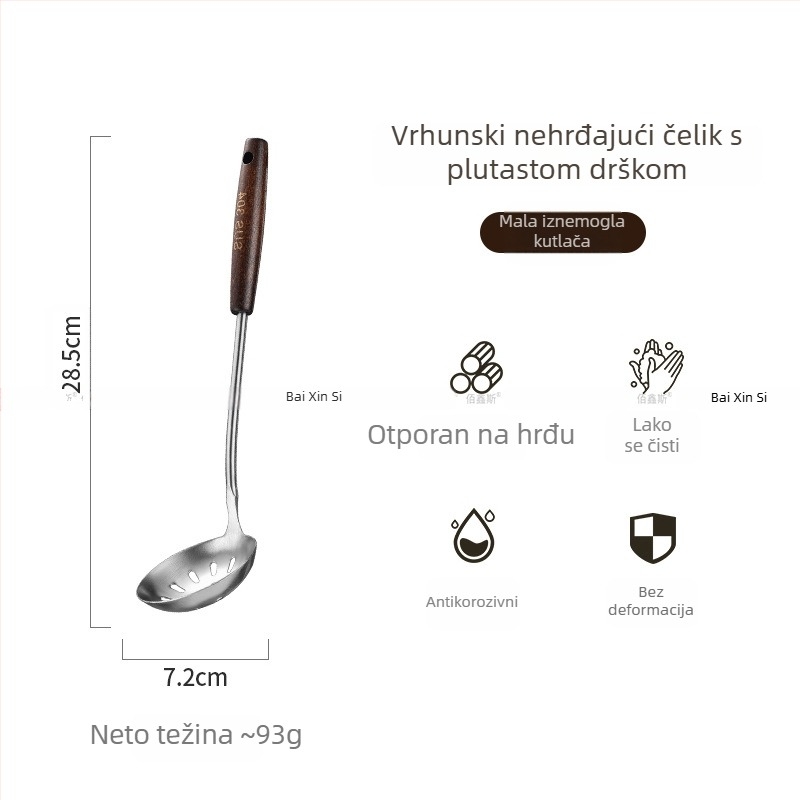 Set kuhinjskih alata od nehrđajućeg čelika 304 s drvenim držačima – žlica za juhu, mrežasta žlica, spatula za prženje, spatula za kuhanje