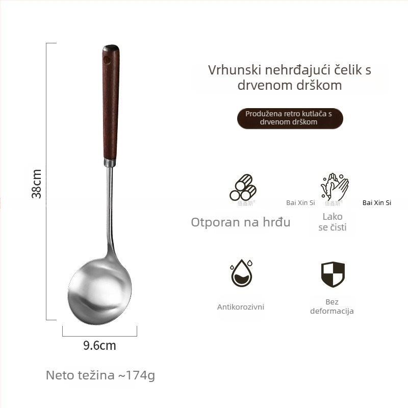 Set kuhinjskih alata od nehrđajućeg čelika 304 s drvenim držačima – žlica za juhu, mrežasta žlica, spatula za prženje, spatula za kuhanje