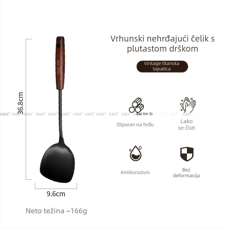 Set kuhinjskih alata od nehrđajućeg čelika 304 s drvenim držačima – žlica za juhu, mrežasta žlica, spatula za prženje, spatula za kuhanje