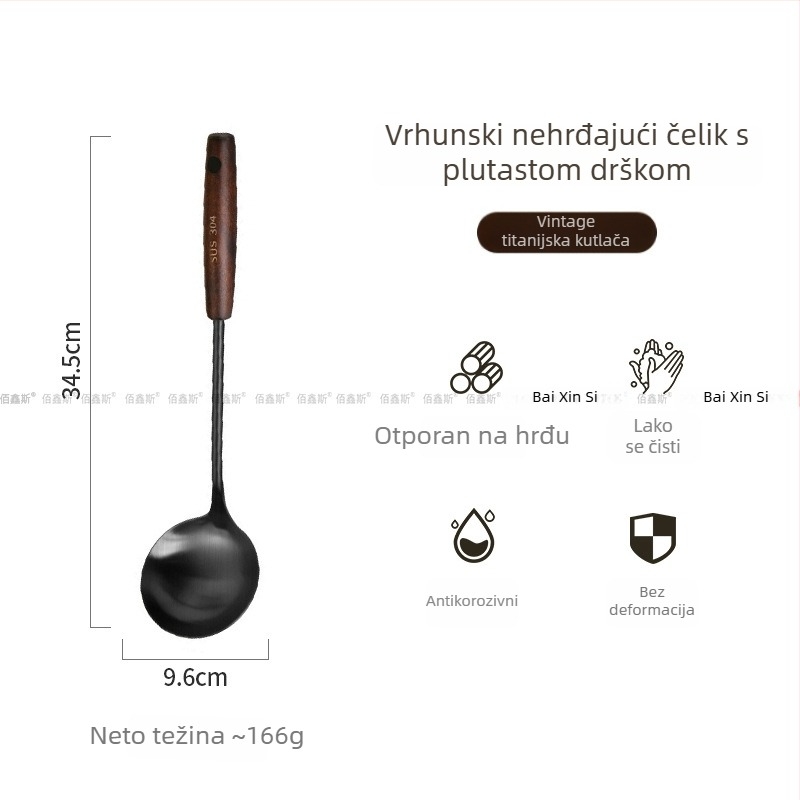 Set kuhinjskih alata od nehrđajućeg čelika 304 s drvenim držačima – žlica za juhu, mrežasta žlica, spatula za prženje, spatula za kuhanje