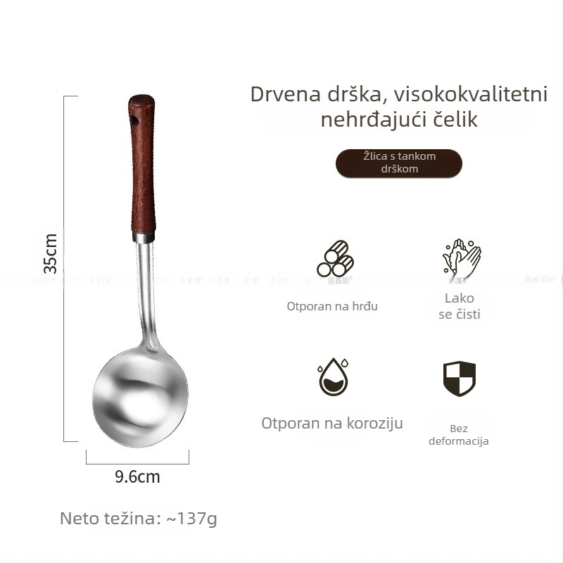 Set kuhinjskih alata od nehrđajućeg čelika 304 s drvenim držačima – žlica za juhu, mrežasta žlica, spatula za prženje, spatula za kuhanje