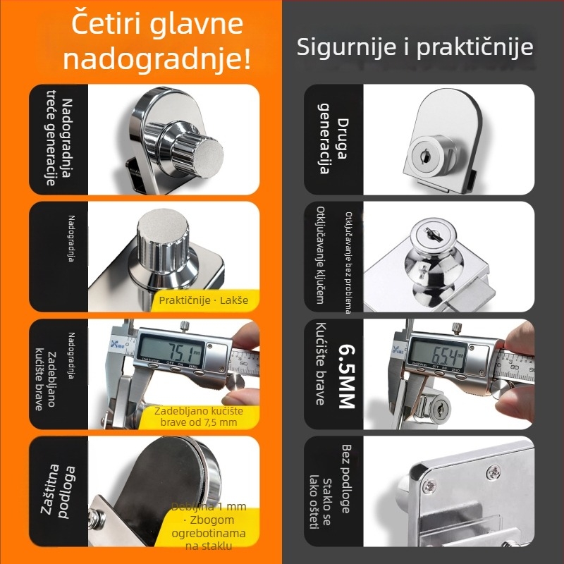 Kuka bez bušenja za staklena vrata ormarića, za vitrine i vinogradske ormariće, jednostruka klizna vrata