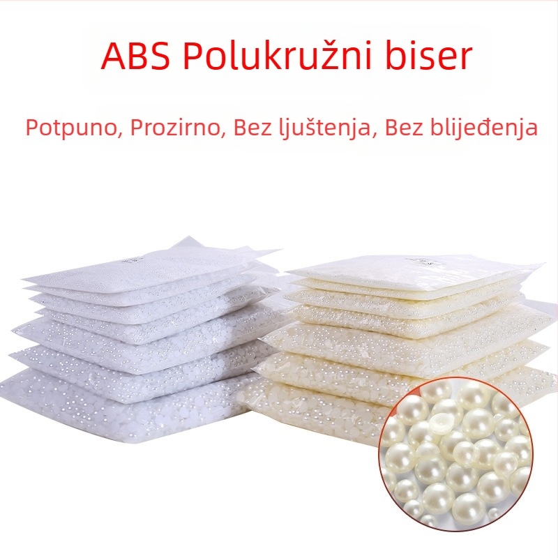ABS imitacija bisera, visok sjaj, polukružni, neporozni biseri za nokte s kristalima, bijela i bež boja
