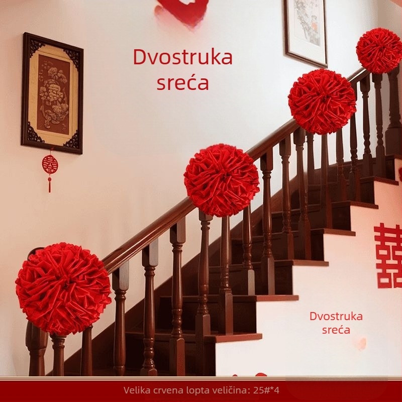 Dekorativni set za svadbene rukohvate uz stepenice s crvenom hortenzijom – seoska vila