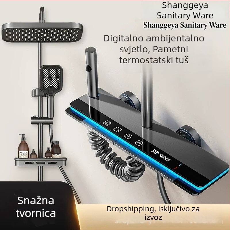 Set tuša s digitalnim zaslonom, topla/hladna voda, bakrena prevleka, zidna montaža, kvadratna kišna glava, pojačan tlak