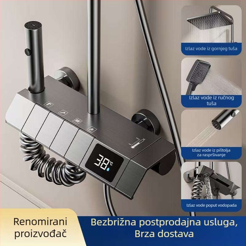 Set tuša s digitalnim zaslonom, topla/hladna voda, bakrena prevleka, zidna montaža, kvadratna kišna glava, pojačan tlak